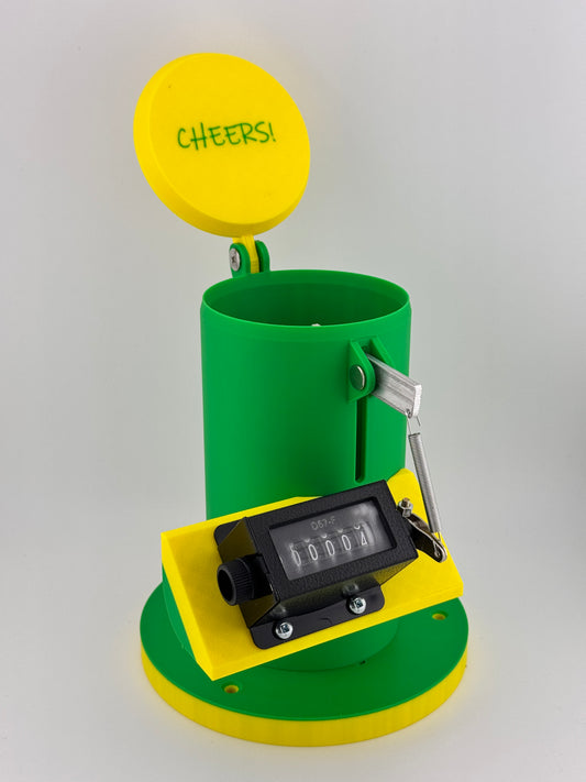 A John Deere themed beer can counter with a green base, yellow top, and a digital count display.